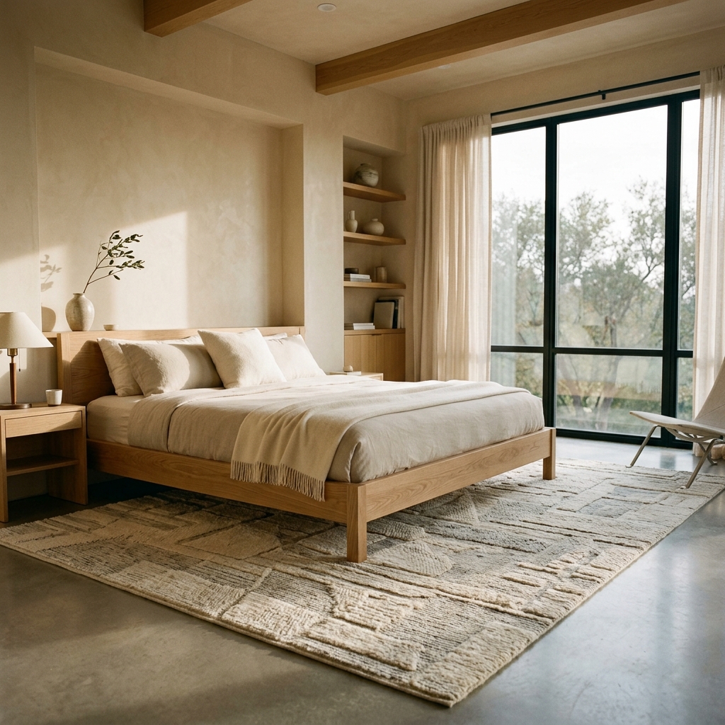 Modern luxury bedroom showing custom rug