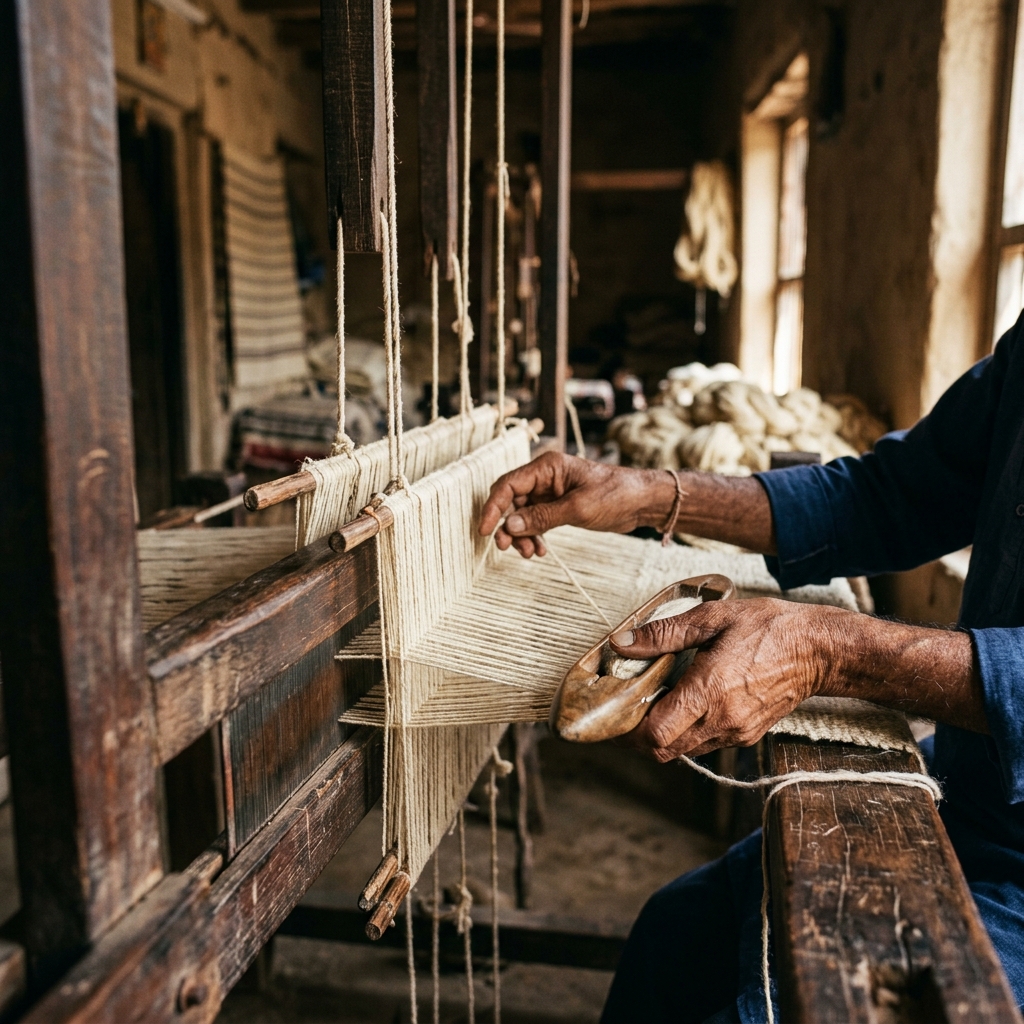 Weaving artisan hands at loom shaft