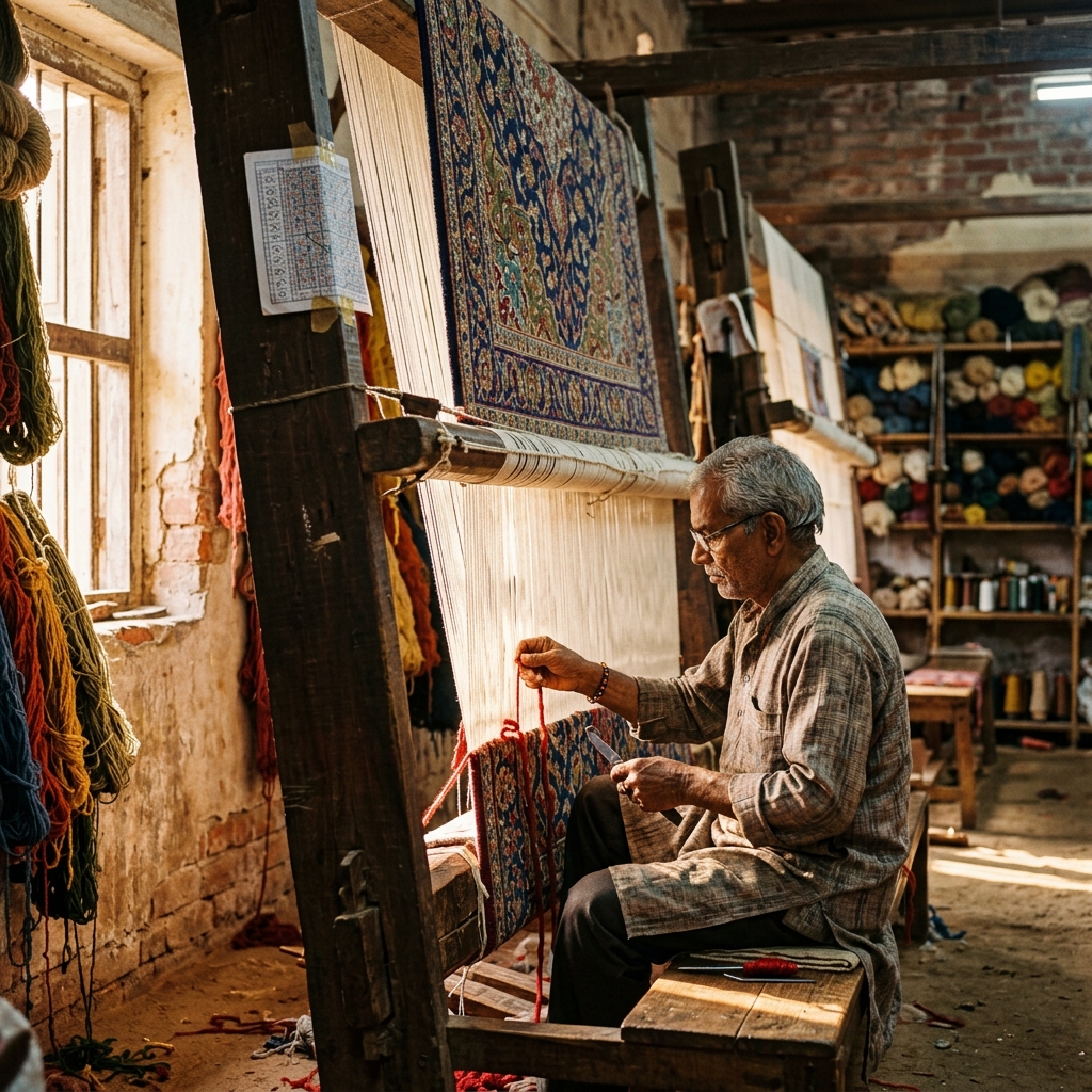 Traditional rug weaving process under glowing warm light in the Bhadohi workshop series
