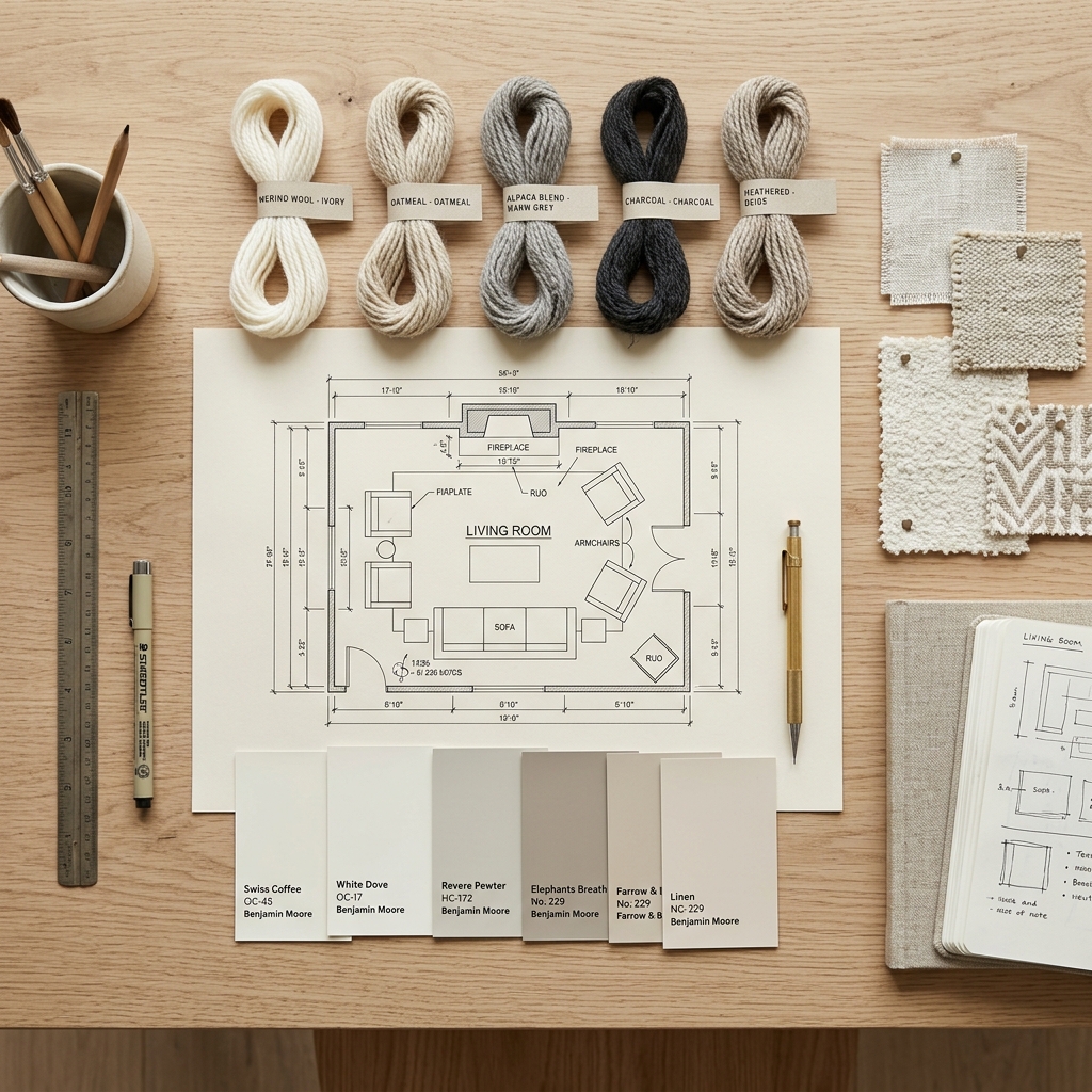 Interior designer reviewing floor plans and yarn samples — Indo Knots trade series