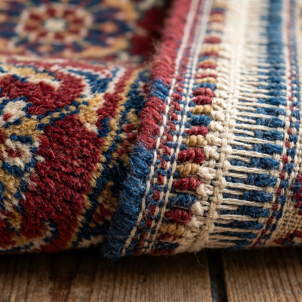 Artisan rug weaving details showing intricate pile and textile structures