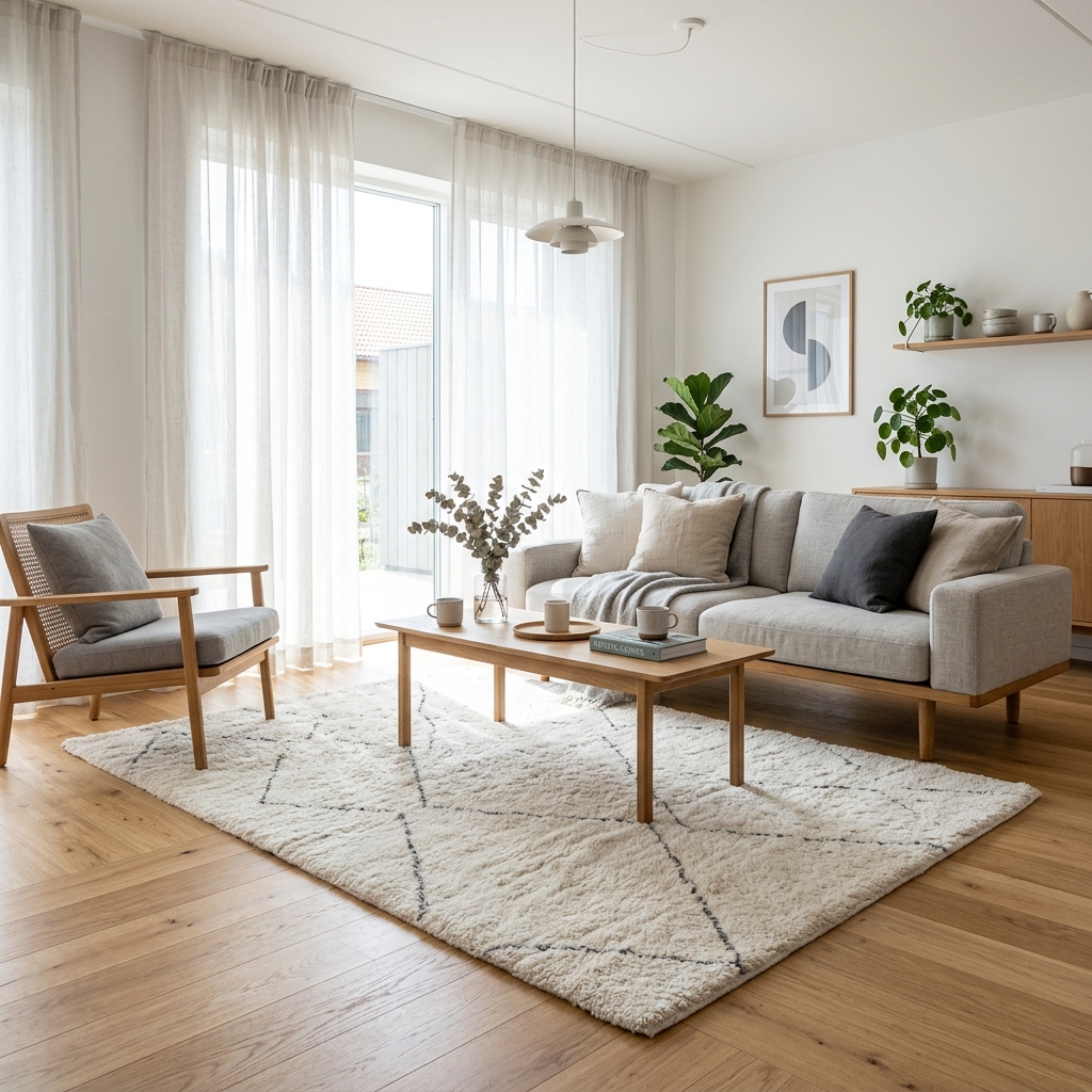 Minimalist living room with handmade wool rug — Indo Knots lifestyle series