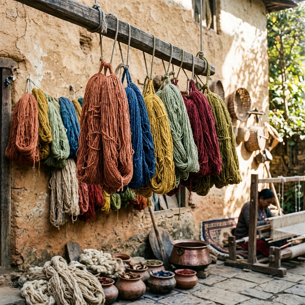 Dye house with colorful wool skeins hanging — Indo Knots materials series