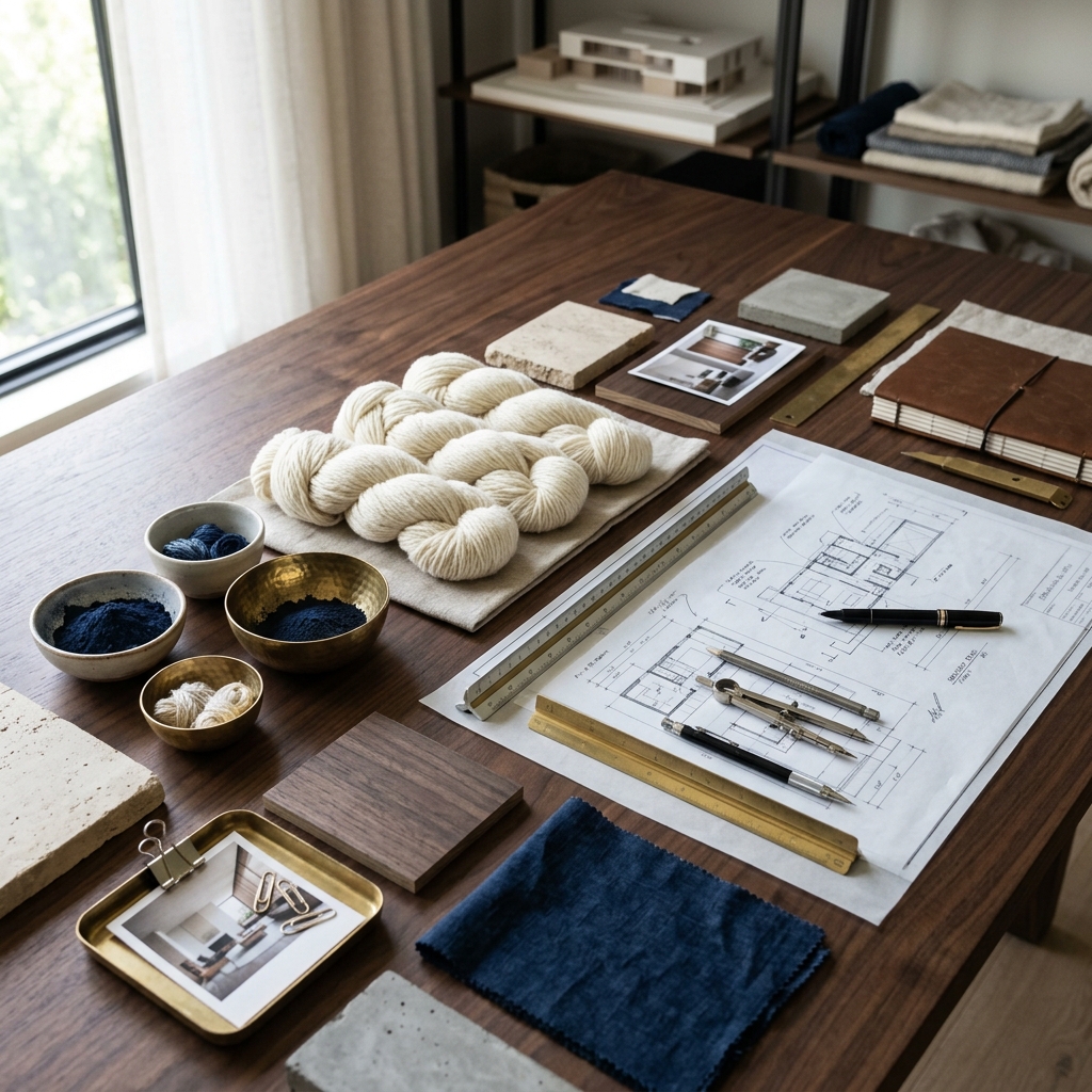 Designer studio desk moodboard