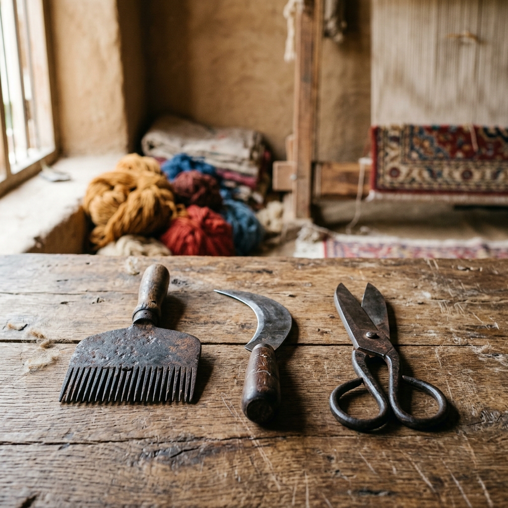 Traditional hand-knotted weaving tools layout