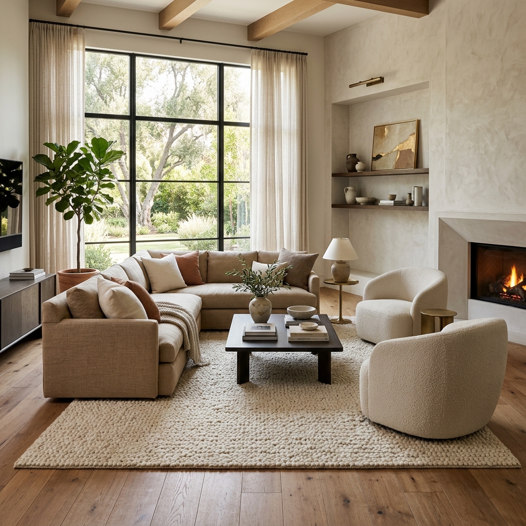 Luxury modern living room with organic area rug